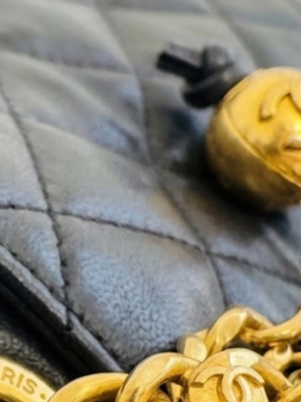 Chanel Vintage 24k Gold Plated Black Lambskin Quilted Tote Bag Gold Ball Charm